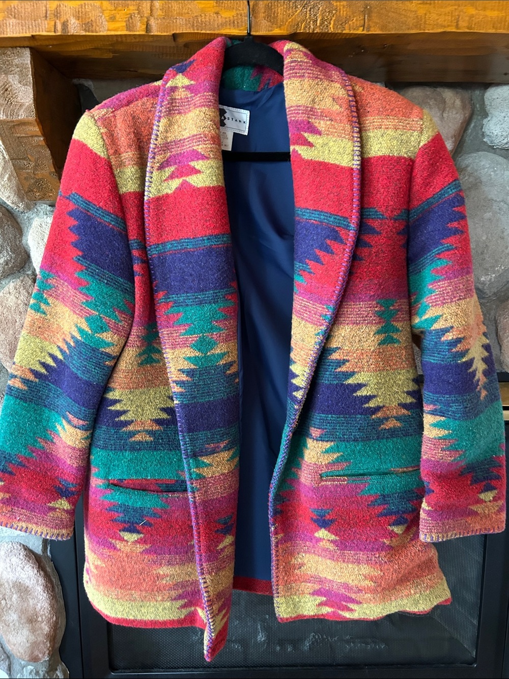 Rhonda Stark Bold Multi Colored Southwestern Shawl Collar Coatigan, Size L